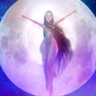 Mystical figure in sheer gown under luminous full moon
