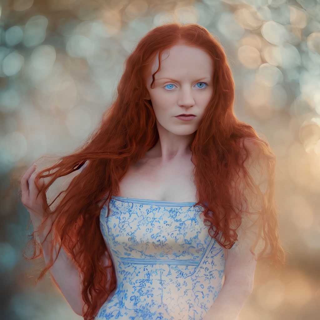 Woman with Long Red Hair in Blue Floral Dress Poses Thoughtfully