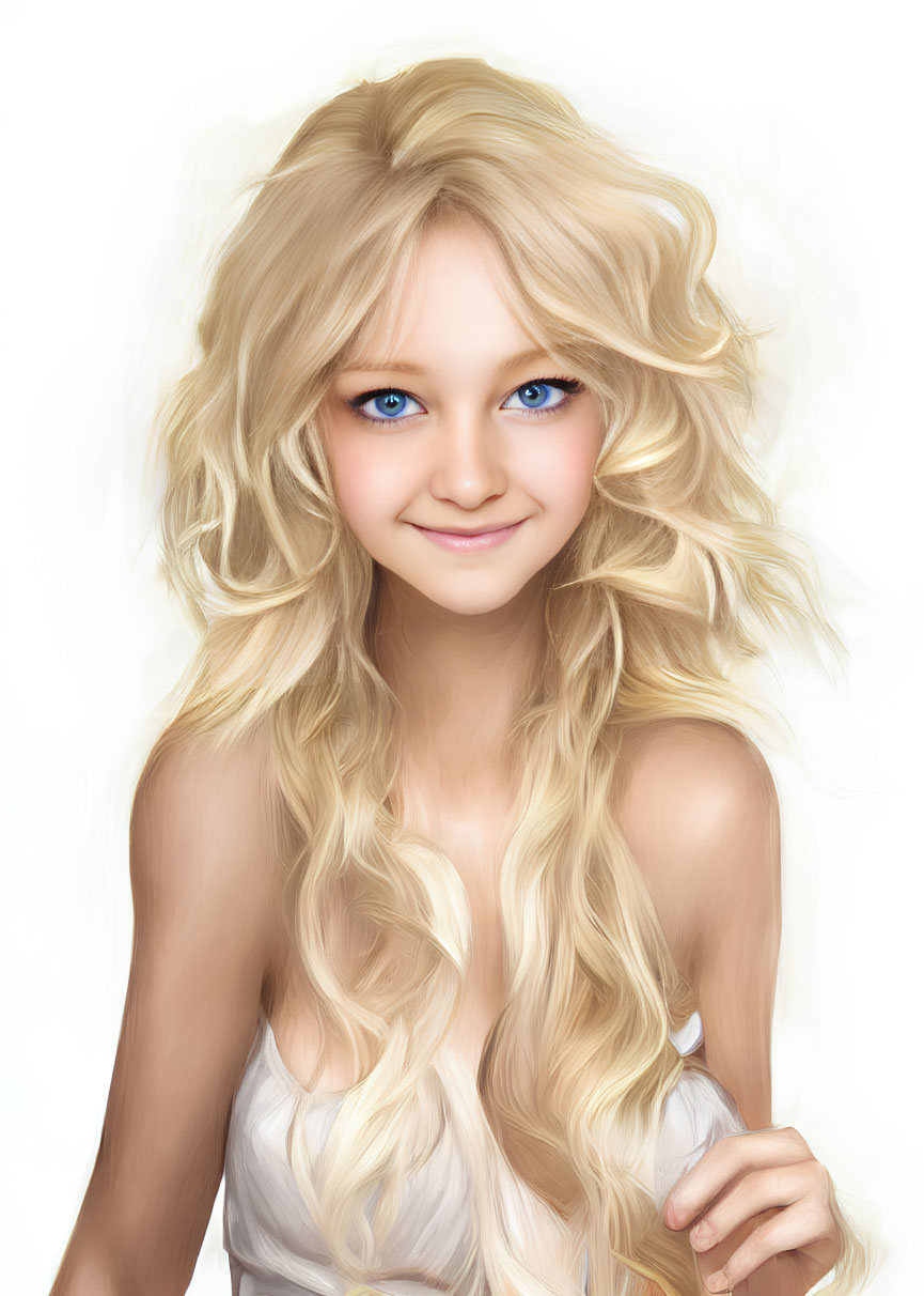 Young female digital portrait with blue eyes, blonde hair, and subtle smile on white background