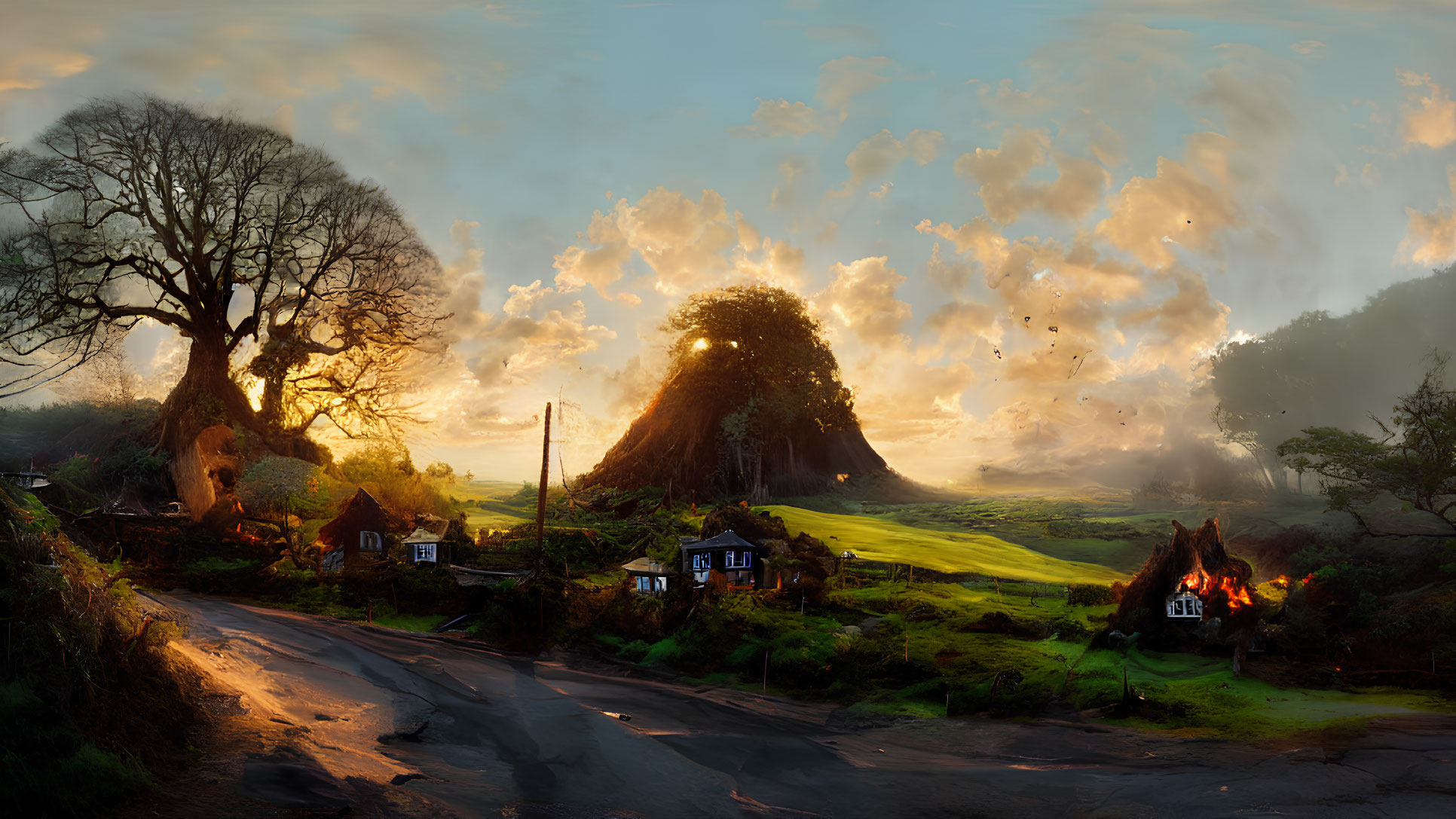 Scenic countryside sunset with winding road and quaint houses
