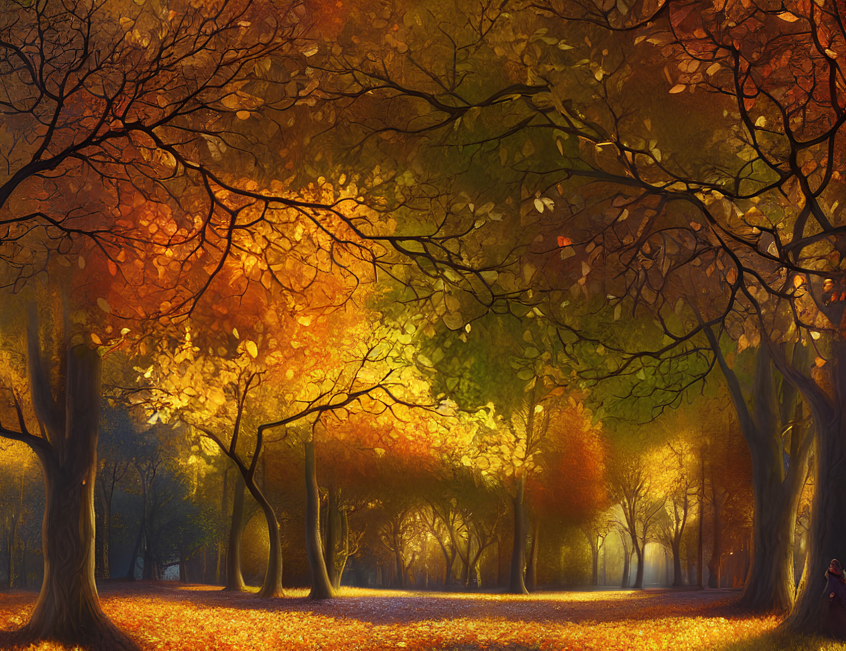 Vibrant autumn scene with orange and yellow leaves, fallen carpet, and sunbeams.