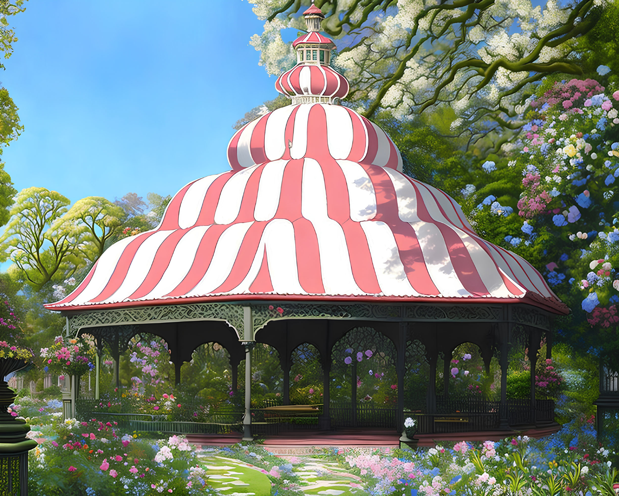 Whimsical Gazebo with Red & White Striped Roof in Lush Garden