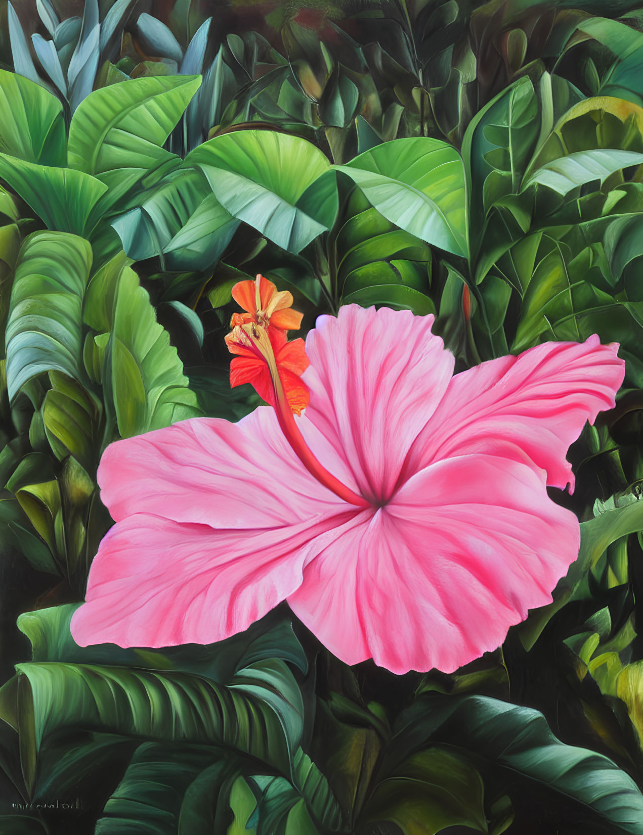 Vibrant Pink Hibiscus with Red Stamen Among Green Leaves