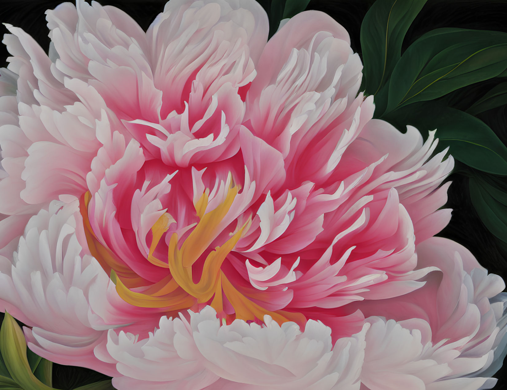 Detailed Close-Up of Lush Pink Peony and Dark Green Leaves