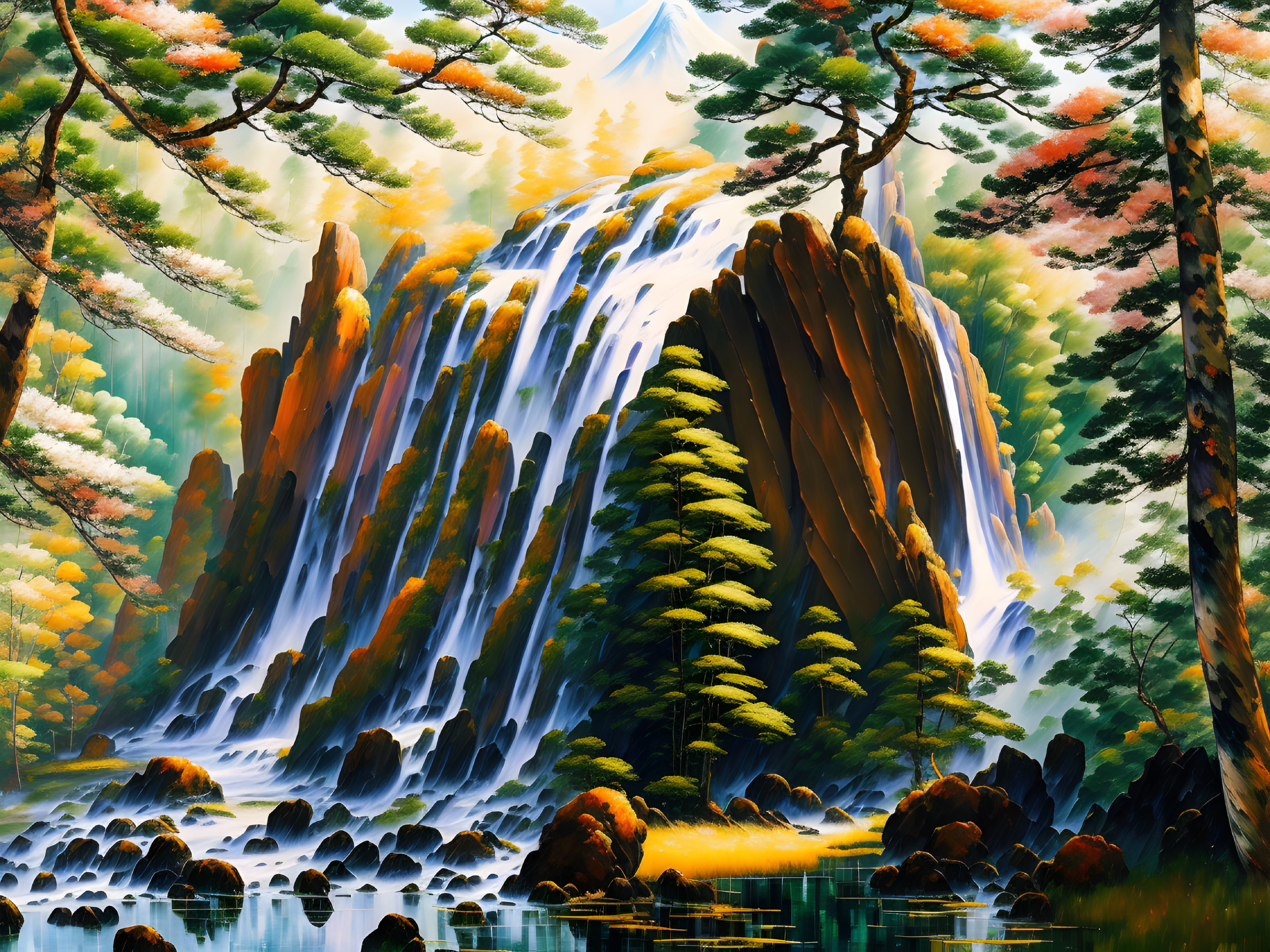 Majestic waterfall painting with autumn scenery