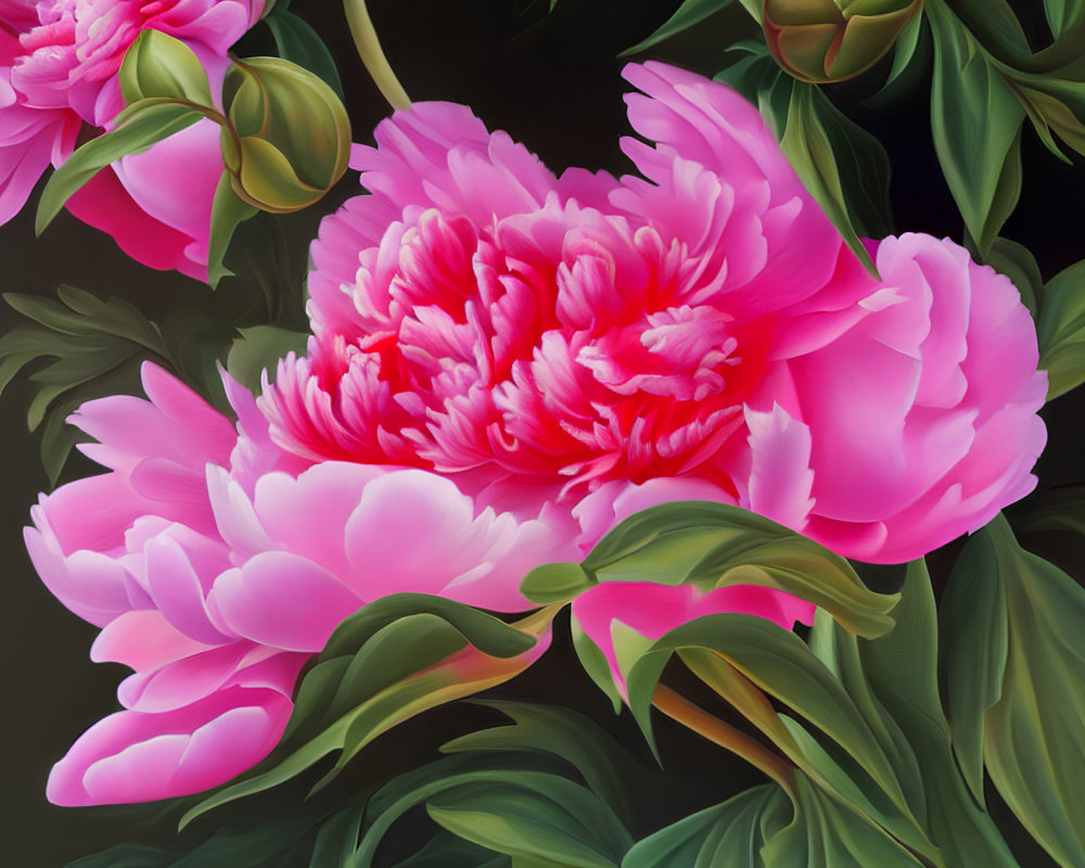 Pink Peonies with Green Foliage on Dark Background