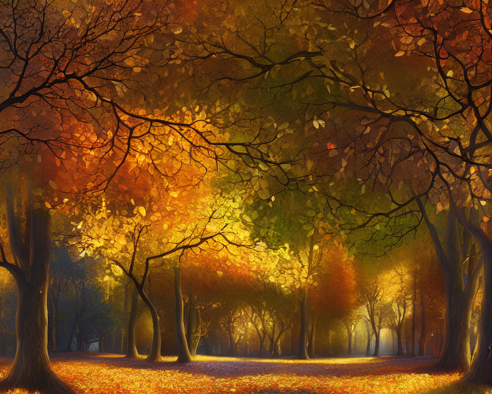 Vibrant autumn scene with orange and yellow leaves, fallen carpet, and sunbeams.