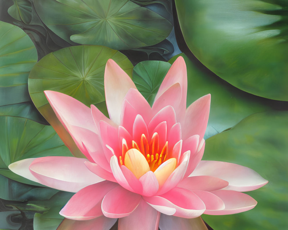 Vibrant pink water lily among lush green lily pads on serene pond