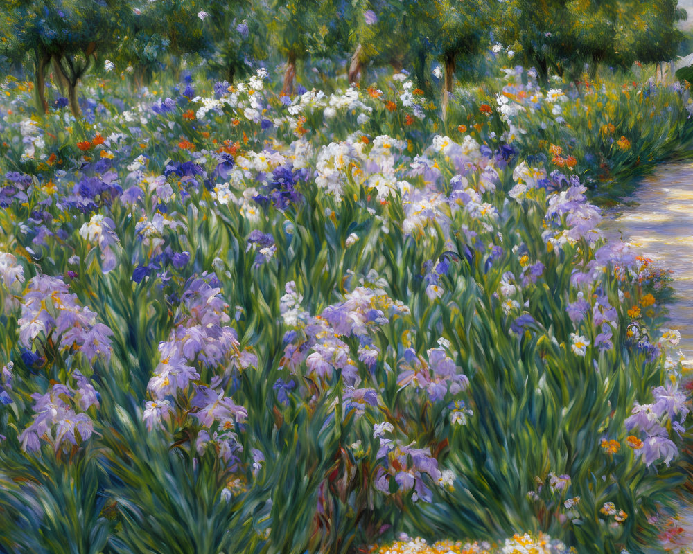 Vibrant garden with blooming irises in impressionist style