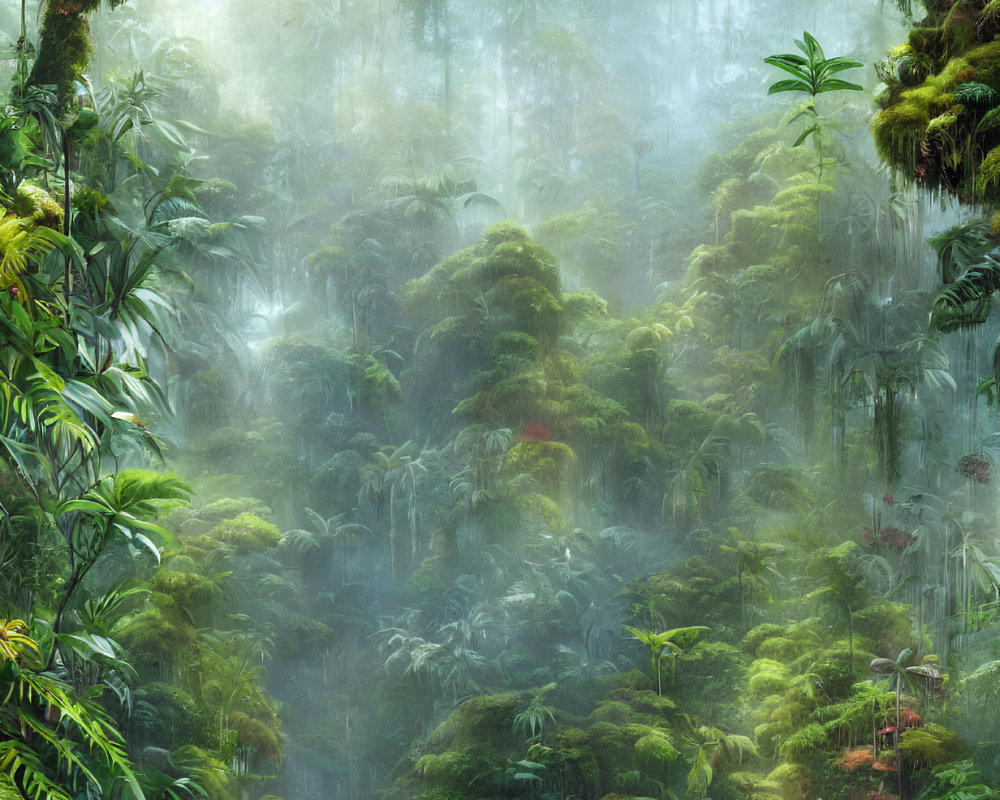 Lush tropical rainforest with misty atmosphere