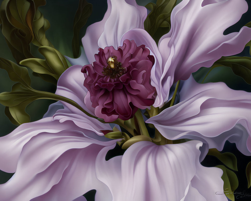 Detailed Digital Painting of Vibrant Purple Flower with White Petals and Green Leaves on Moody Background