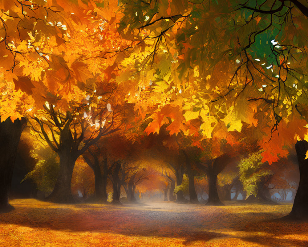 Scenic autumn pathway with vibrant trees and soft sunlight
