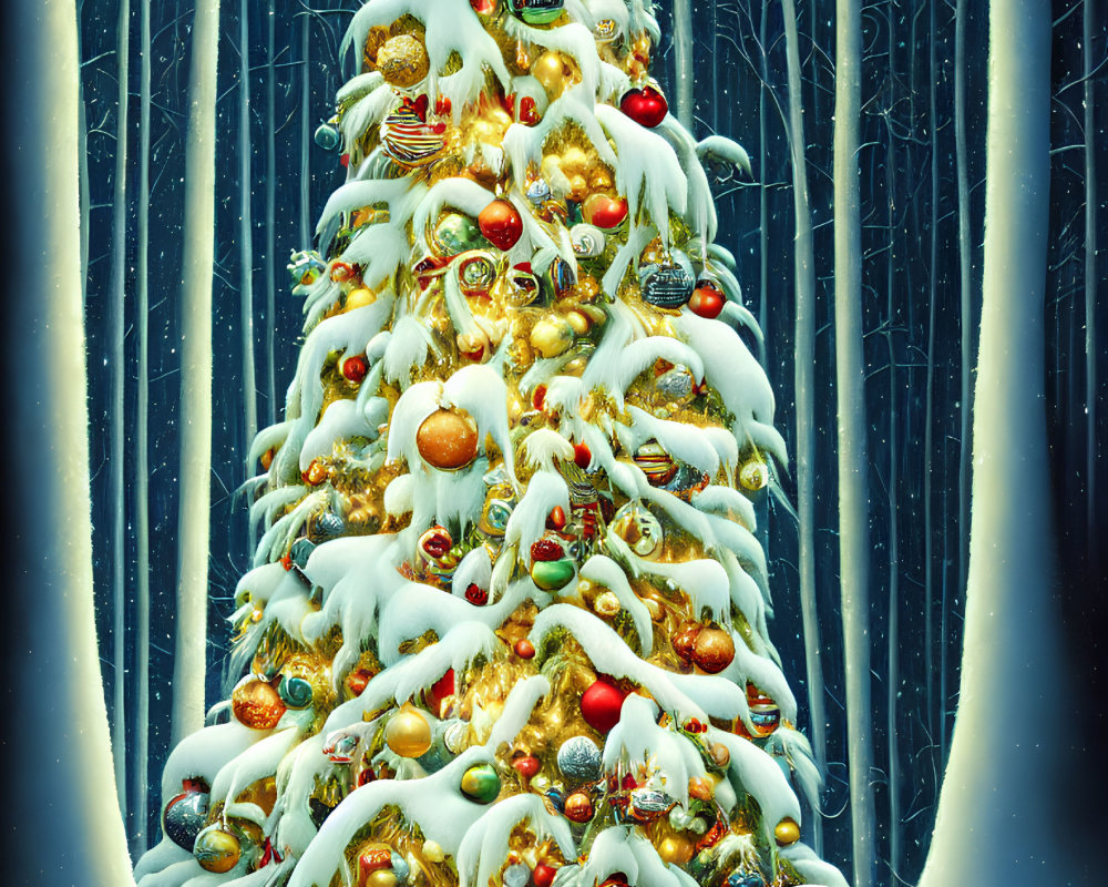Festive Christmas tree with golden lights and snowman in snowy scene