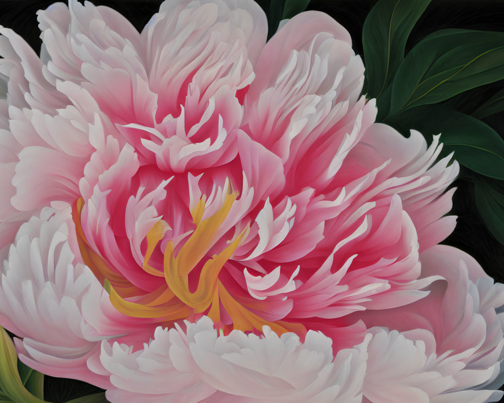 Detailed Close-Up of Lush Pink Peony and Dark Green Leaves