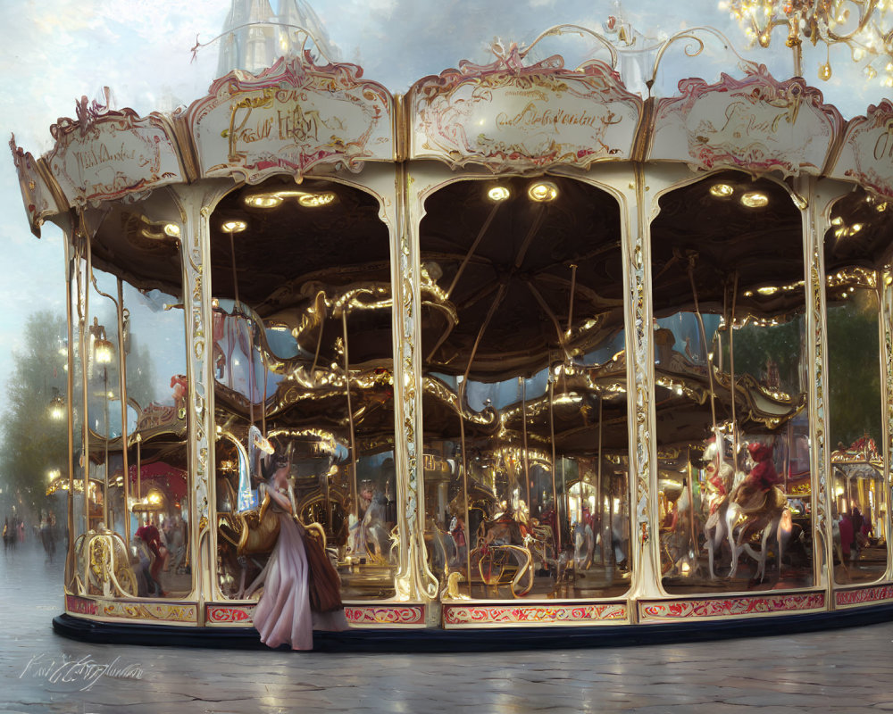 Golden embellished carousel with horses in dusk light, woman in pink dress.