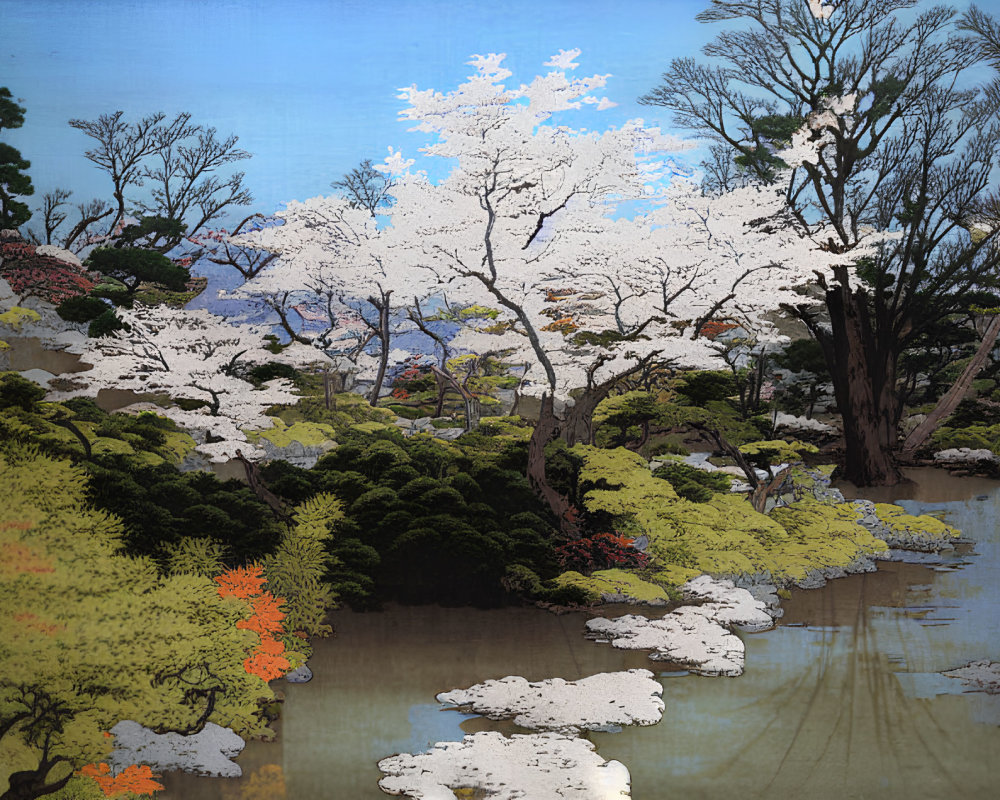 Japanese-style painting: Cherry blossoms, serene pond, lush greenery, vibrant and muted colors
