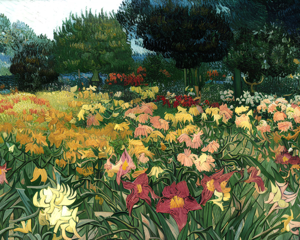 Colorful garden painting with yellow, red, and pink flowers in lush setting