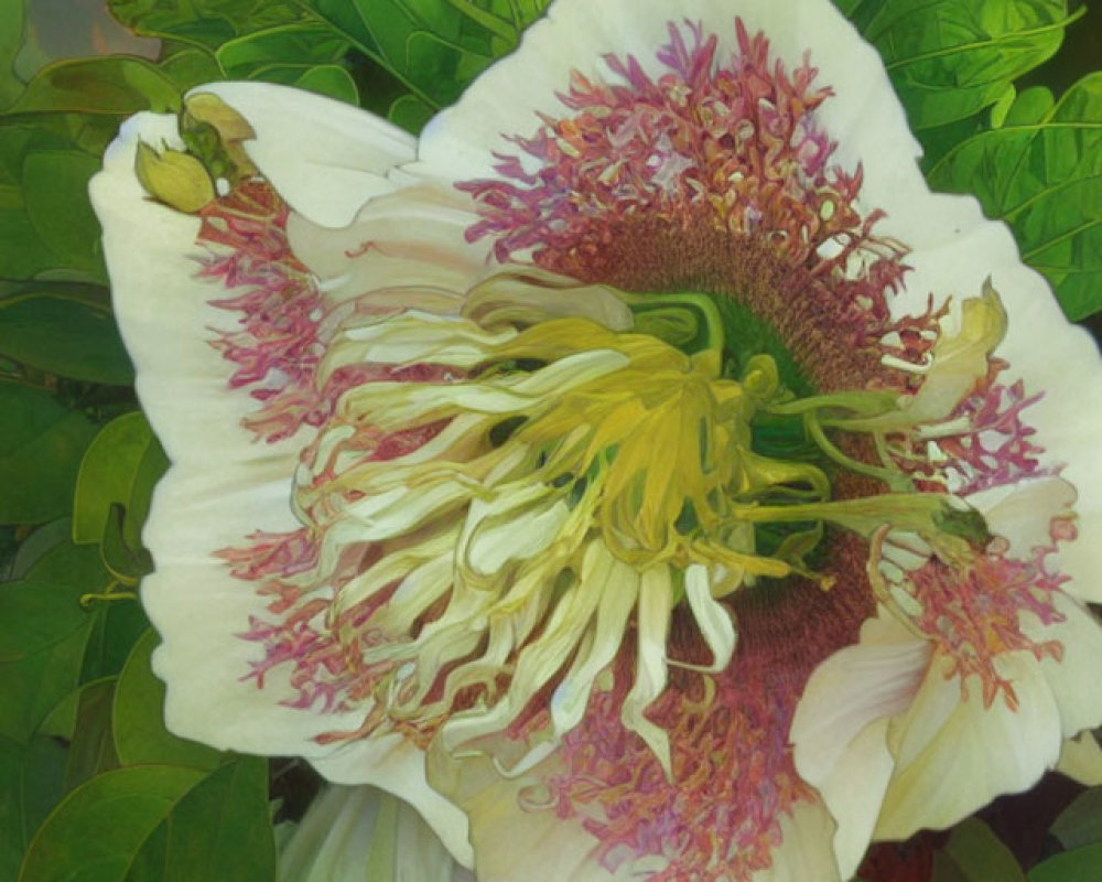 Detailed Painting of White Peony with Yellow Stamens and Pink Carpels