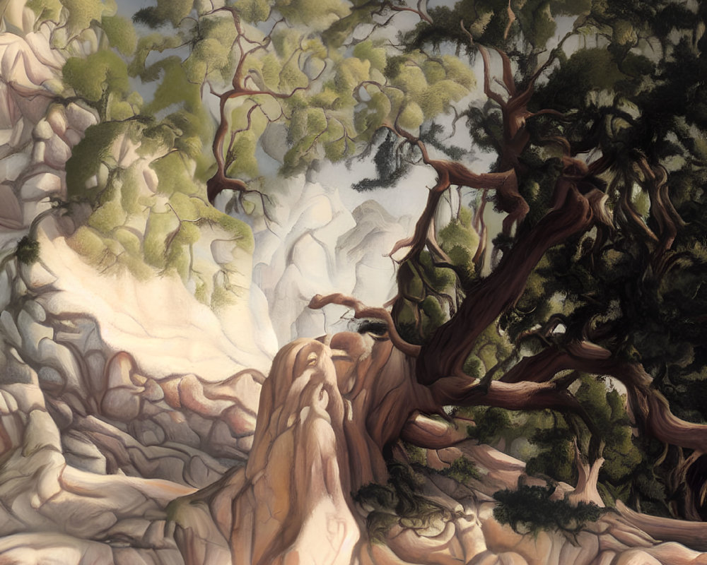 Surreal ancient tree illustration in rocky terrain