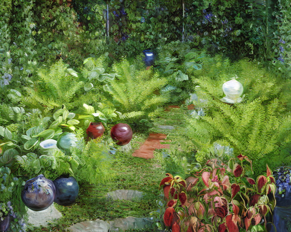 Colorful garden painting with lush greenery, flowers, orbs, and stone path.