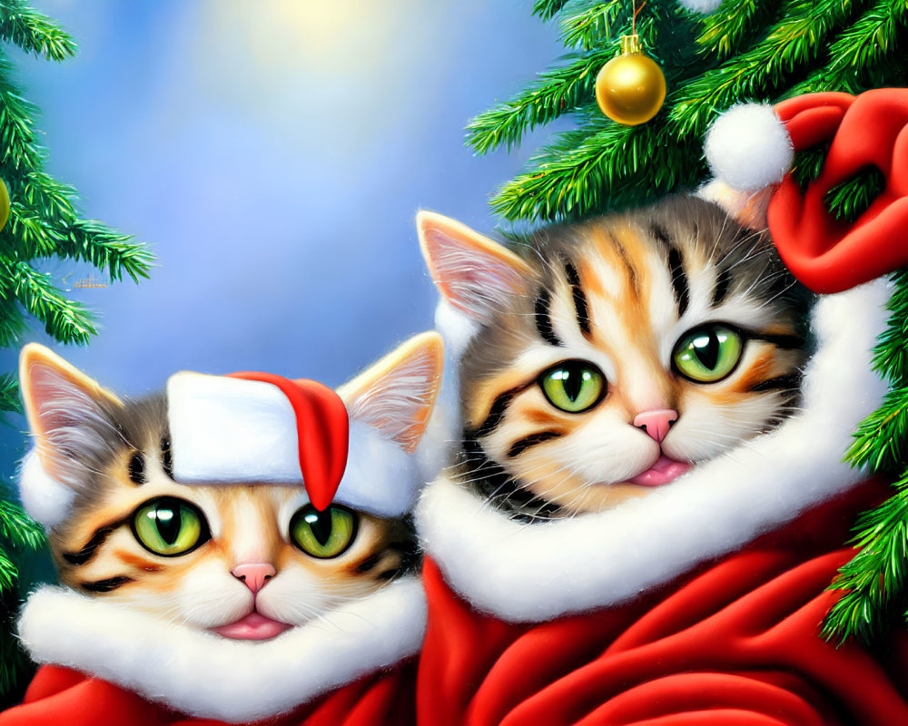 Two Santa hat-wearing kittens in red sack by Christmas tree.