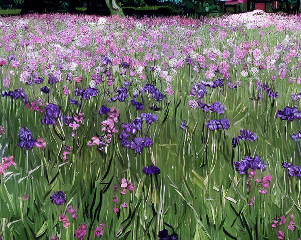 Lush purple and pink irises in a serene forest setting