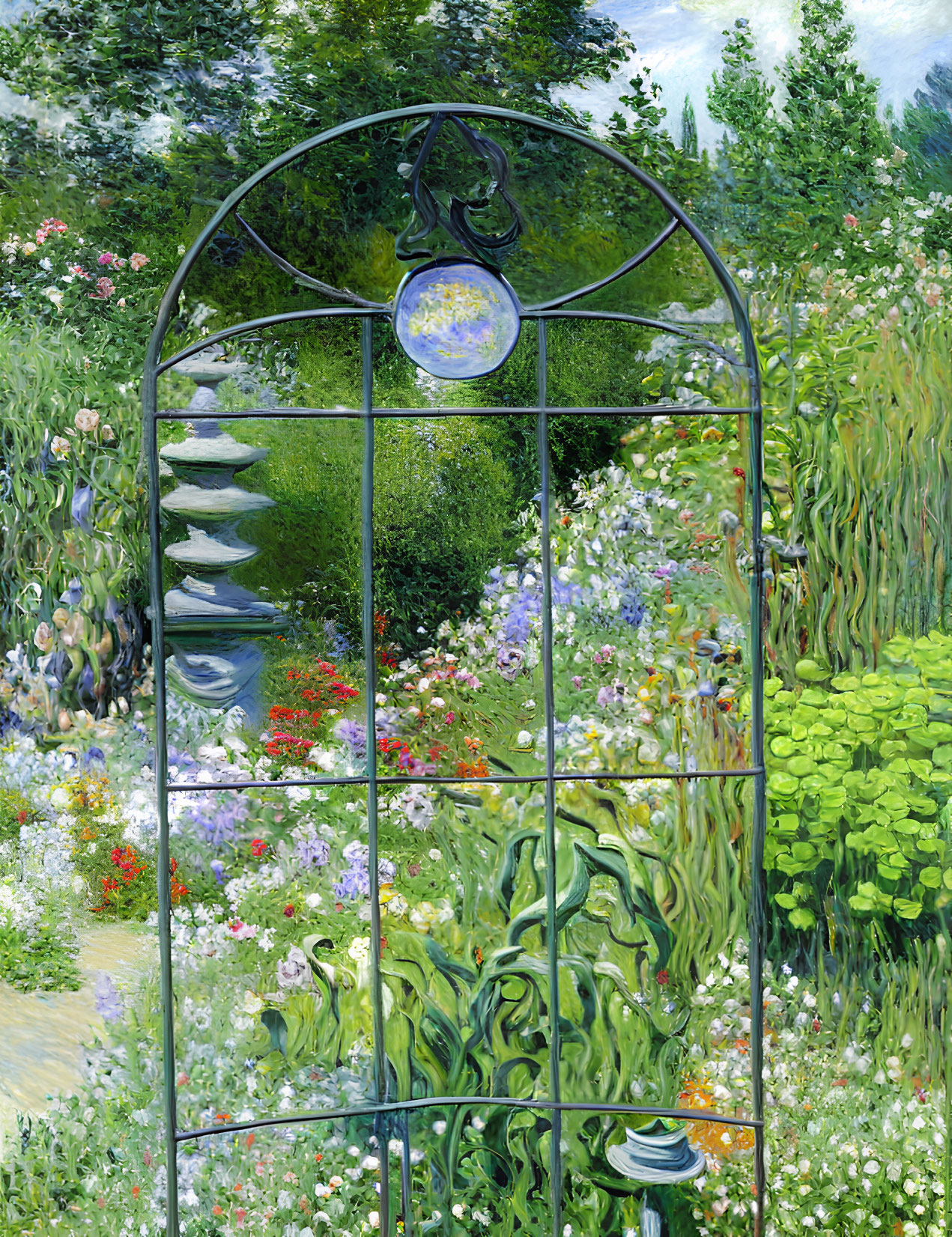 Colorful garden painting seen through ornate metal gate with lush greenery, flowers, and blue sky