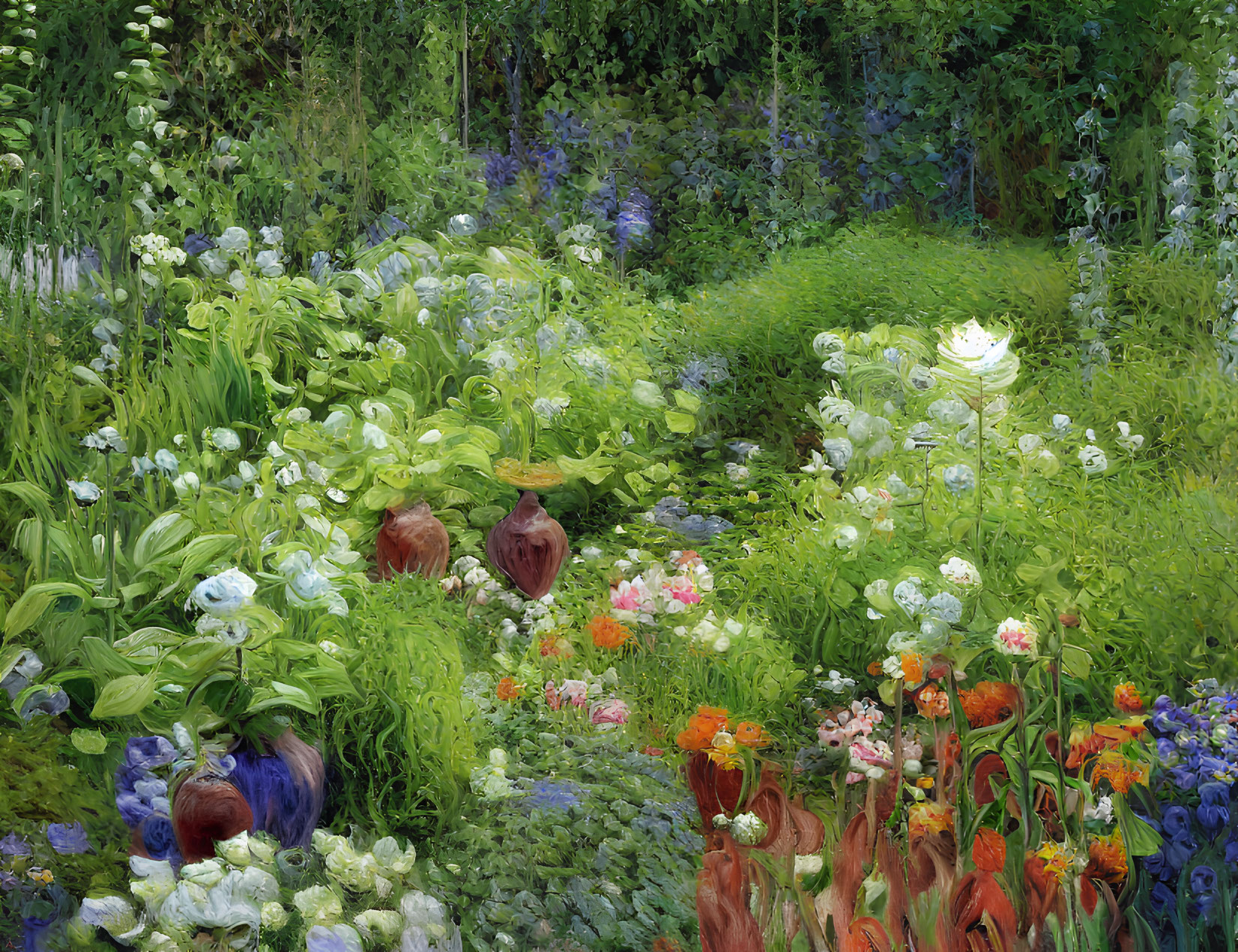 Colorful Flower Garden with Greenery in Impressionist Style