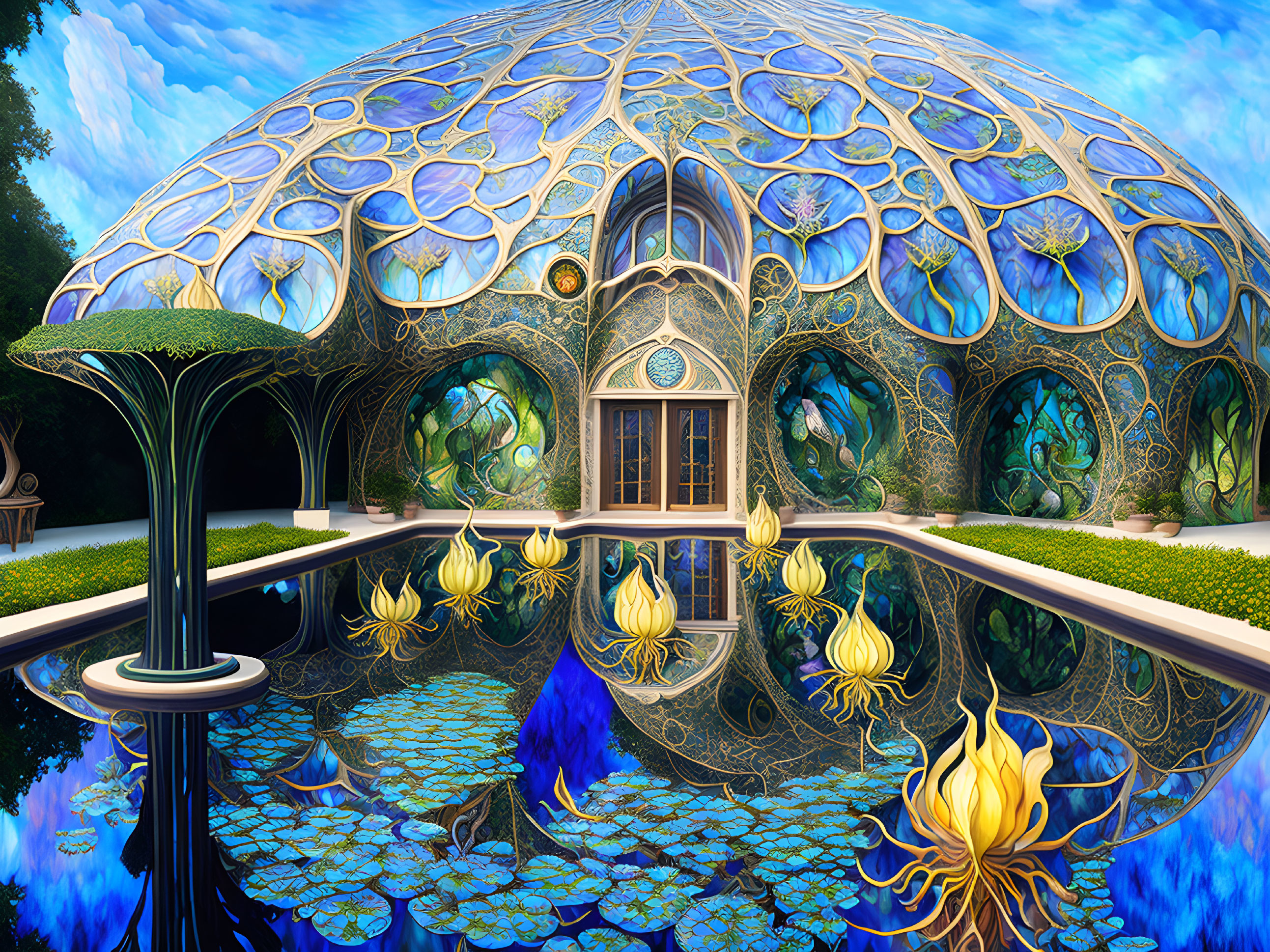 Fantasy illustration of ornate glass dome with lotuses and figure