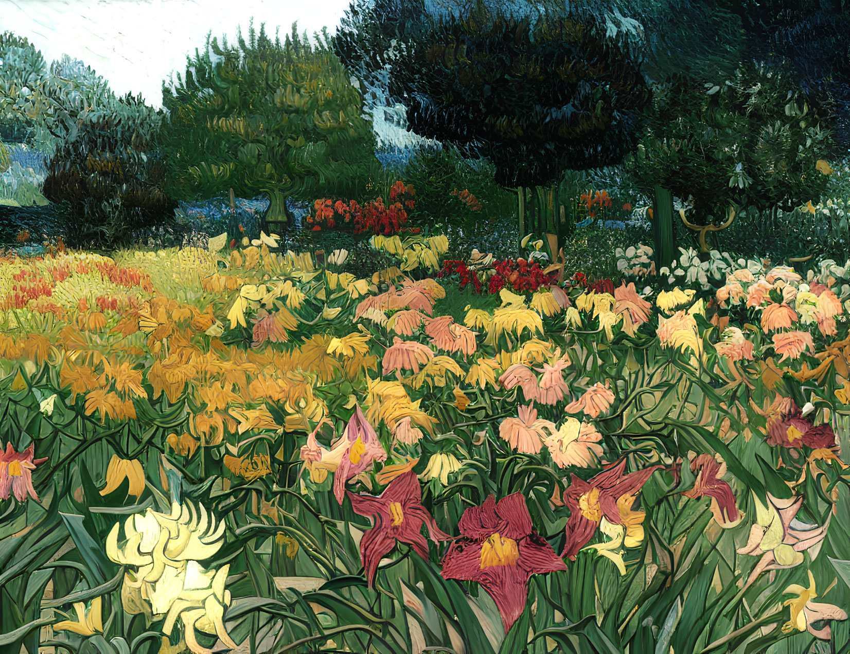 Colorful garden painting with yellow, red, and pink flowers in lush setting