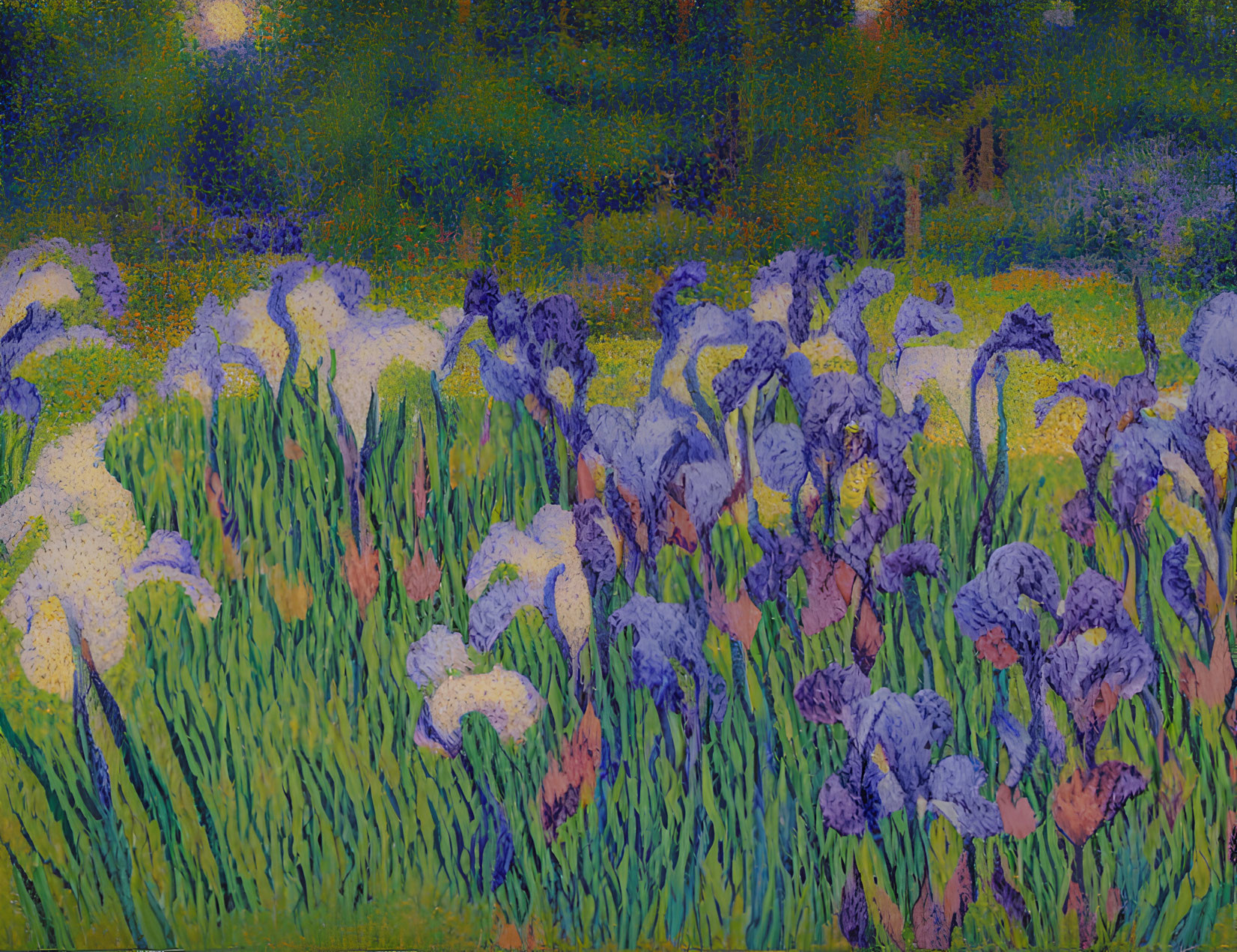 Vibrant blue and white irises in impressionist style