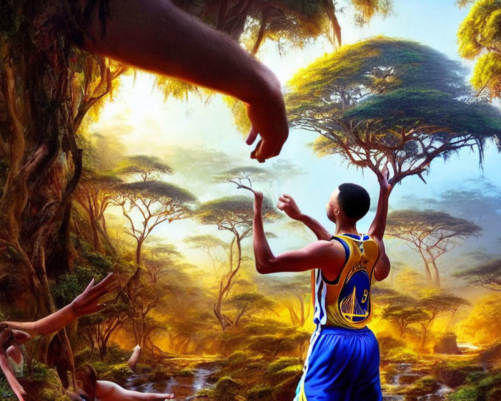Surreal forest scene with basketball player and giant hand