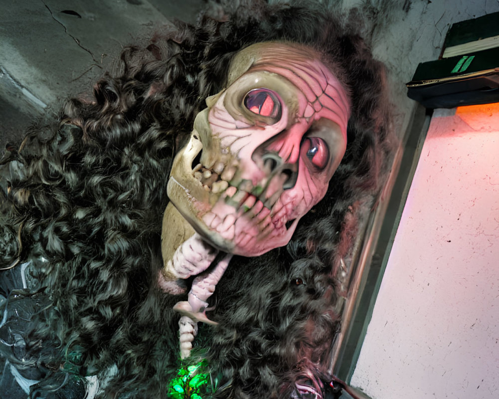 Detailed Skull Mask Skeleton Costume with Green Illumination