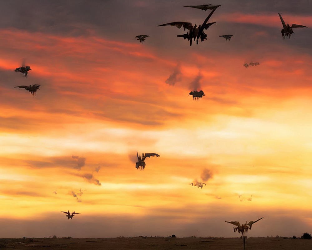 Birds flying in vibrant orange and yellow dusk sky with scattered clouds