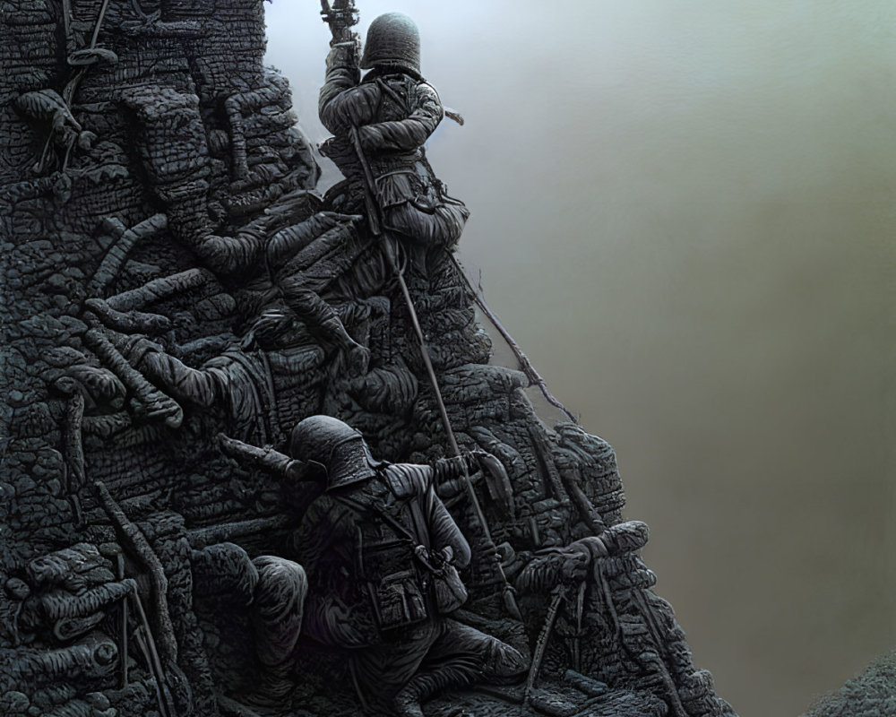 Vintage soldiers climbing rocky hill in foggy setting