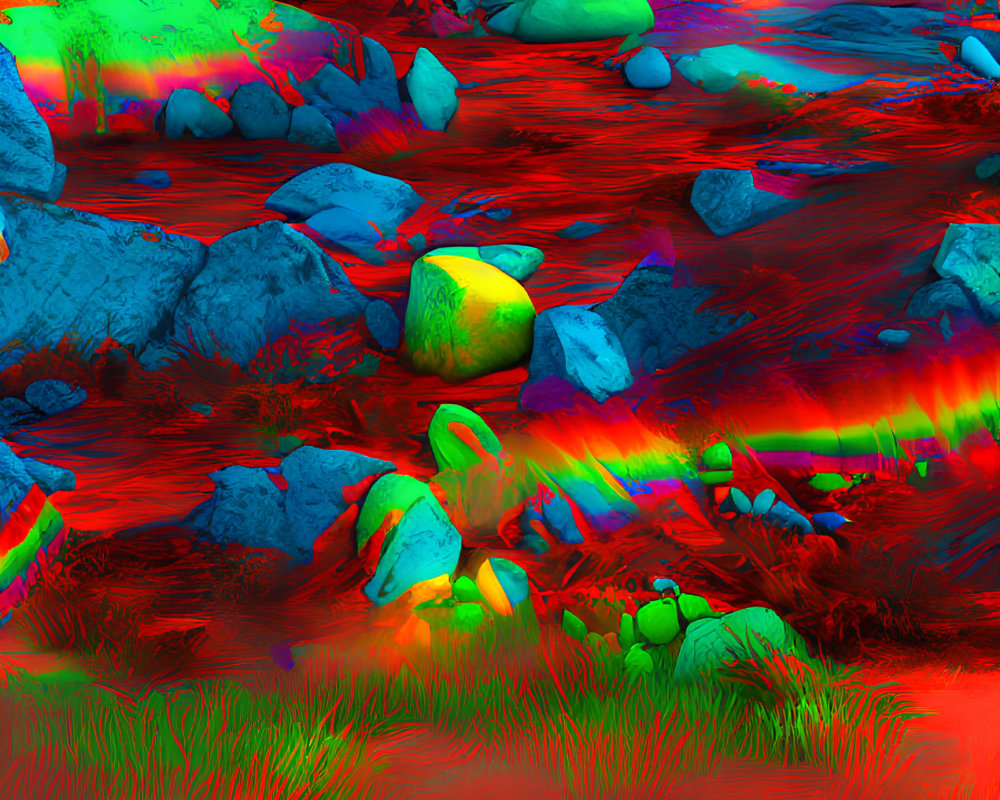 Colorful surreal landscape: vibrant reds and blues, psychedelic river, bright blue sky