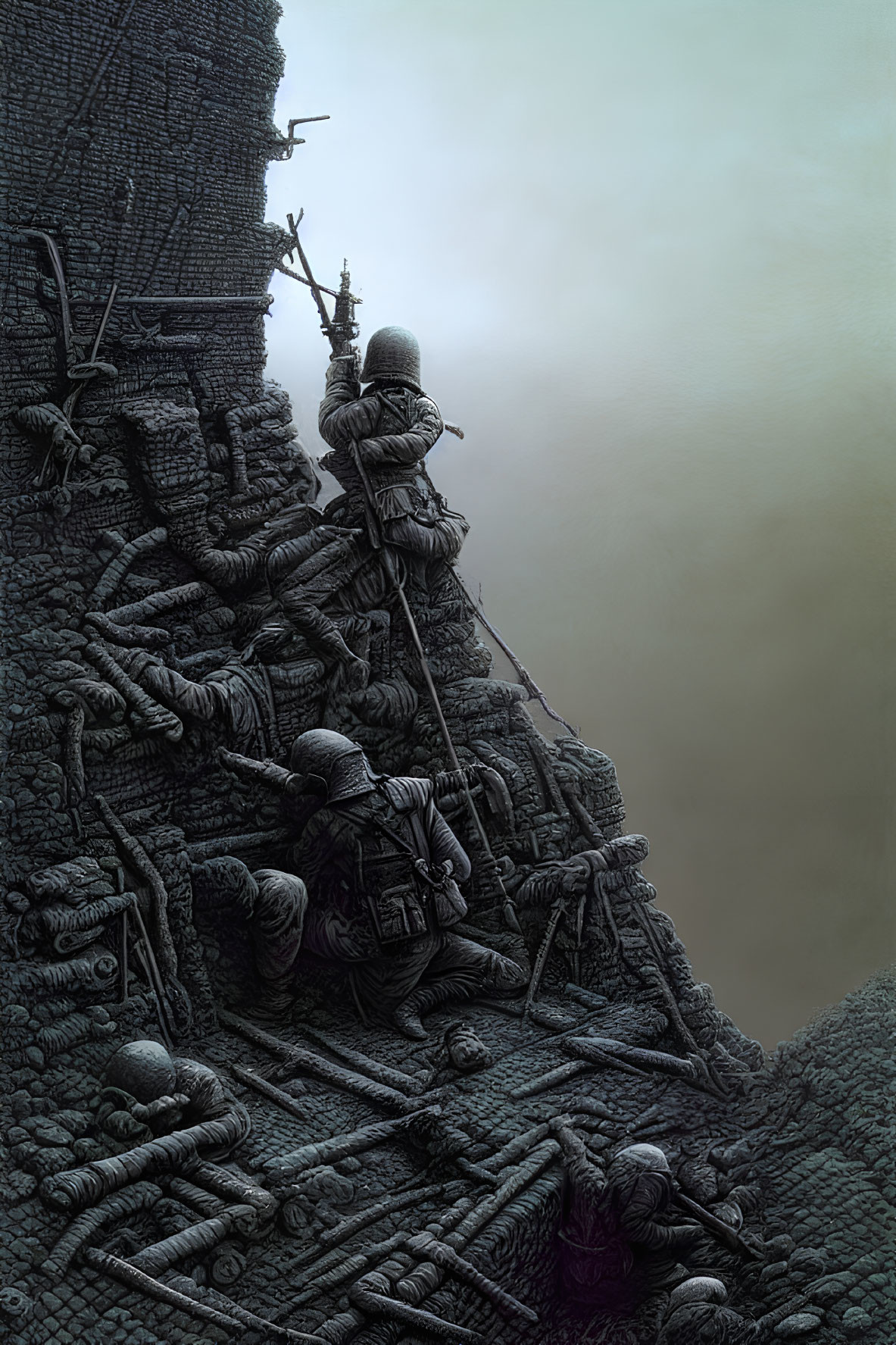 Vintage soldiers climbing rocky hill in foggy setting