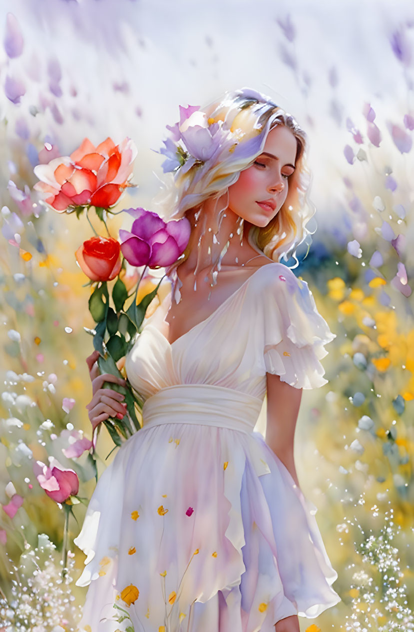 Illustration of woman in white dress surrounded by vibrant flowers