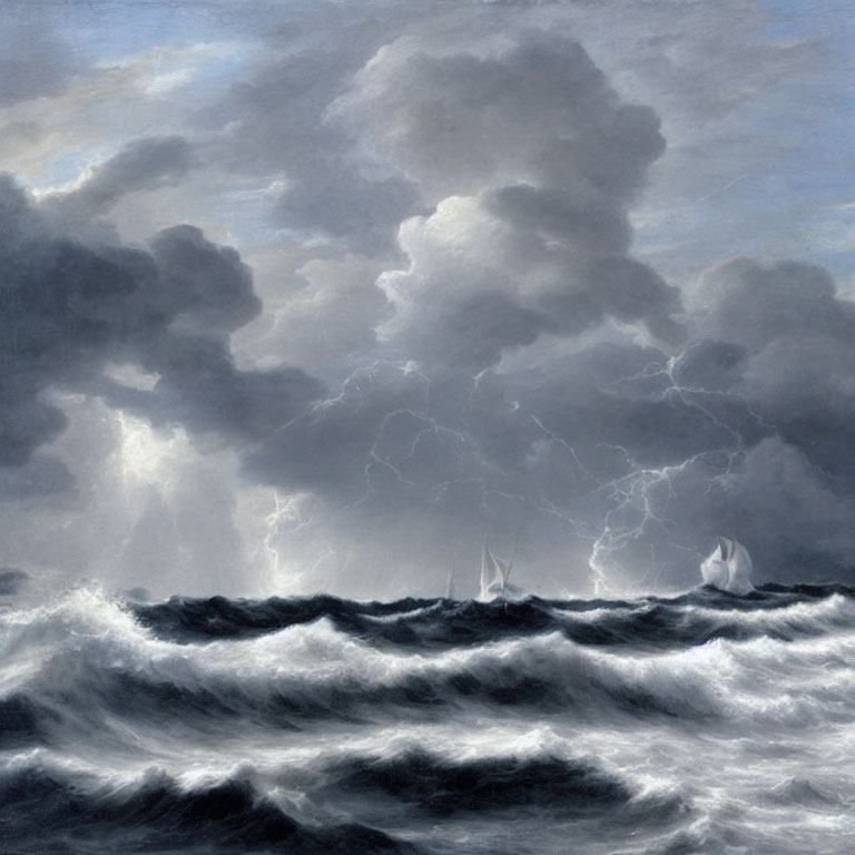 Dark clouds and lightning over turbulent ocean waves with ships in stormy sea