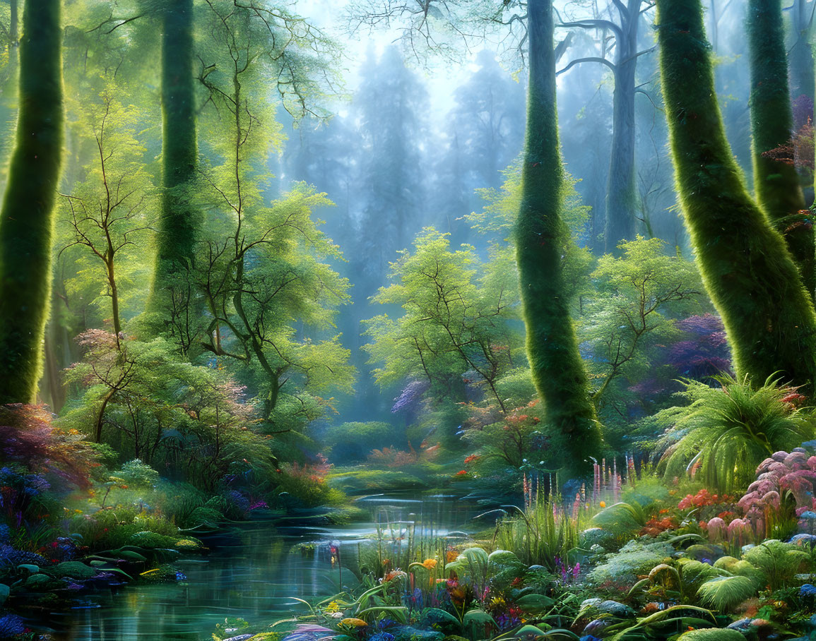 Tranquil forest scene with serene stream and lush greenery