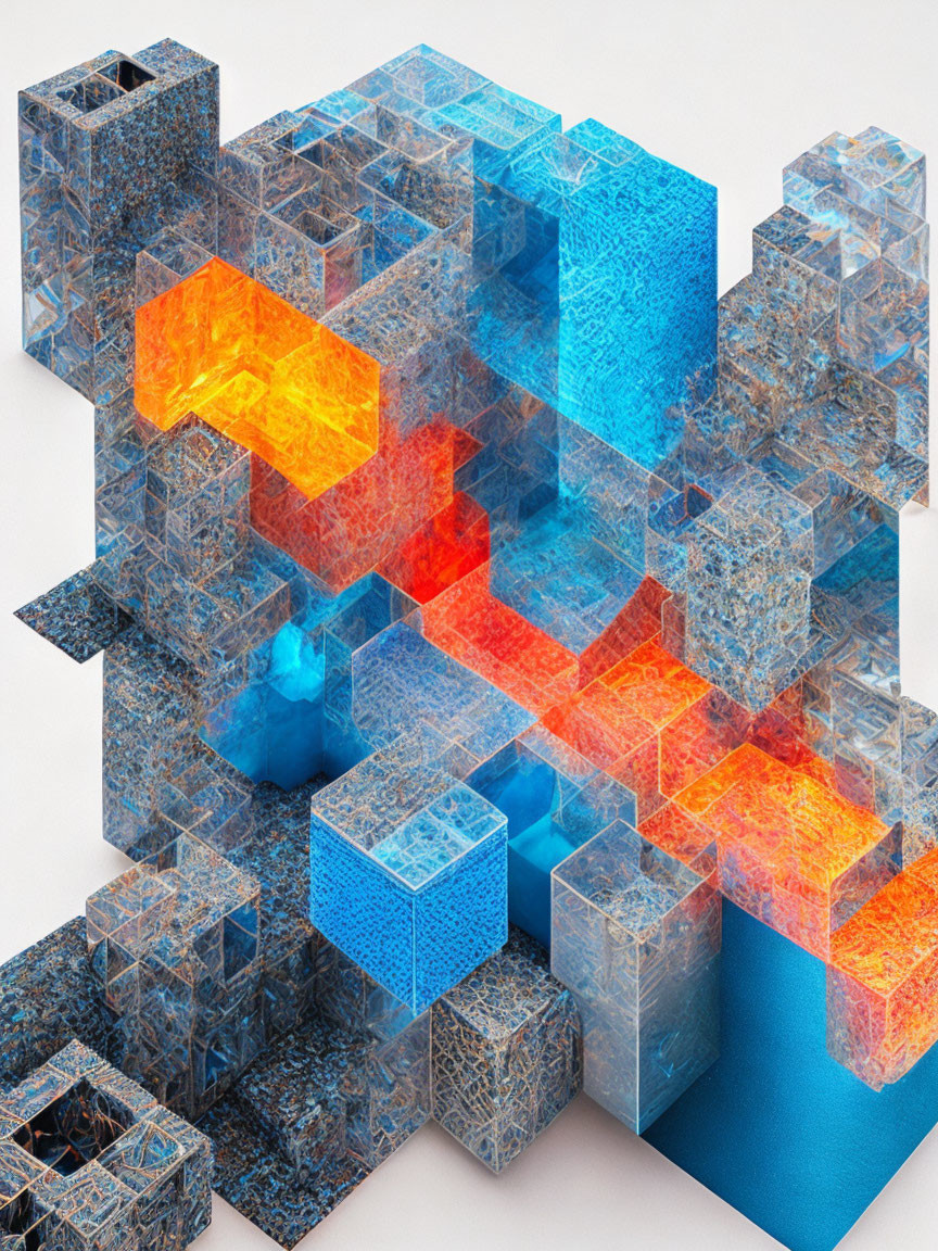 Abstract 3D Rendering of Translucent Blue and Orange Cubes