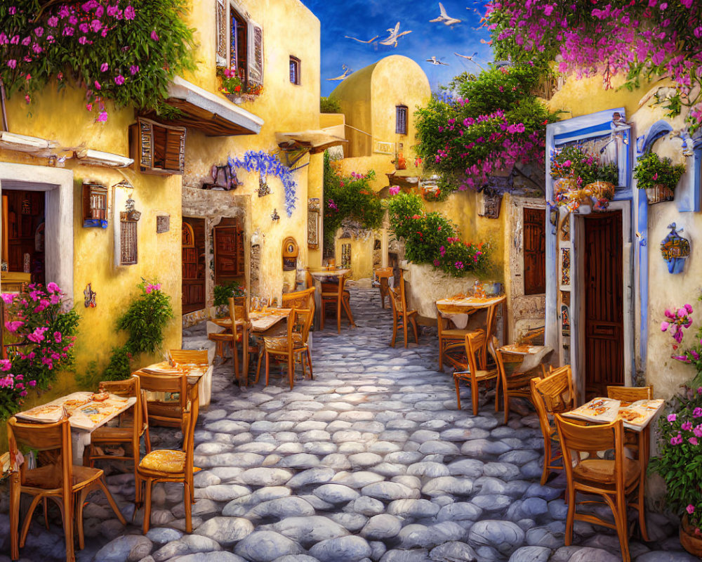 Picturesque cobblestone street with al fresco dining tables and vibrant flowers