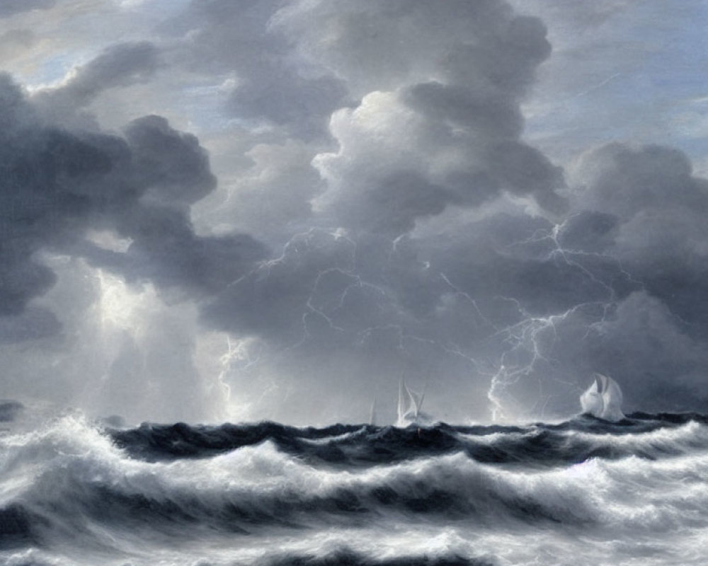 Dark clouds and lightning over turbulent ocean waves with ships in stormy sea