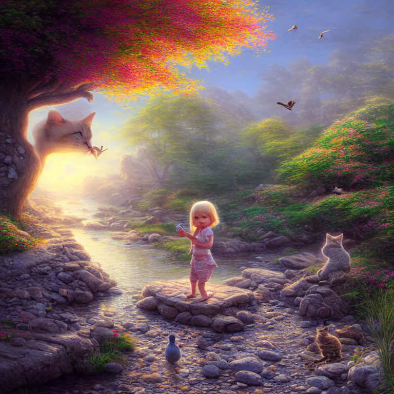 Child with cats and fox-like creature in magical forest scene