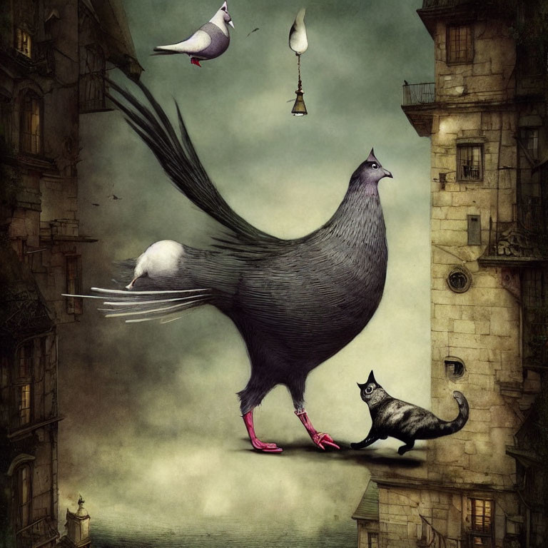 Surreal artwork featuring large bird with peacock-like tail and black cat in pink heels