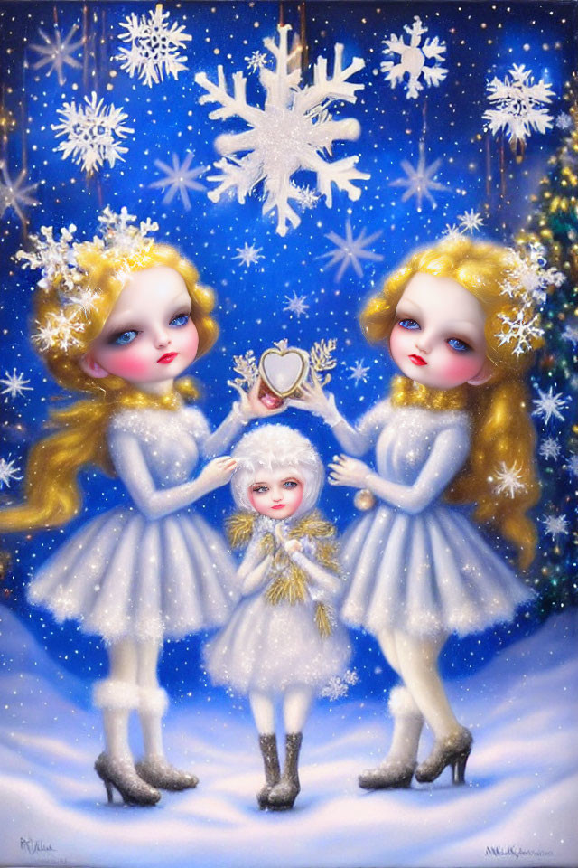 Golden-haired figures holding hands in snowy scene with snowflakes.