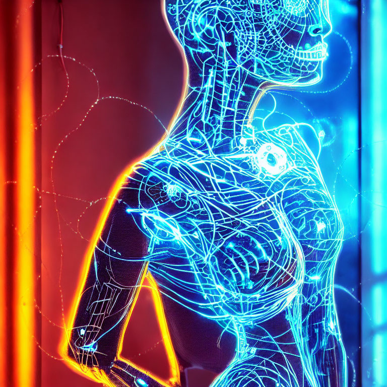 Digital illustration: Human figure with transparent body, blue glowing nervous system network on red background