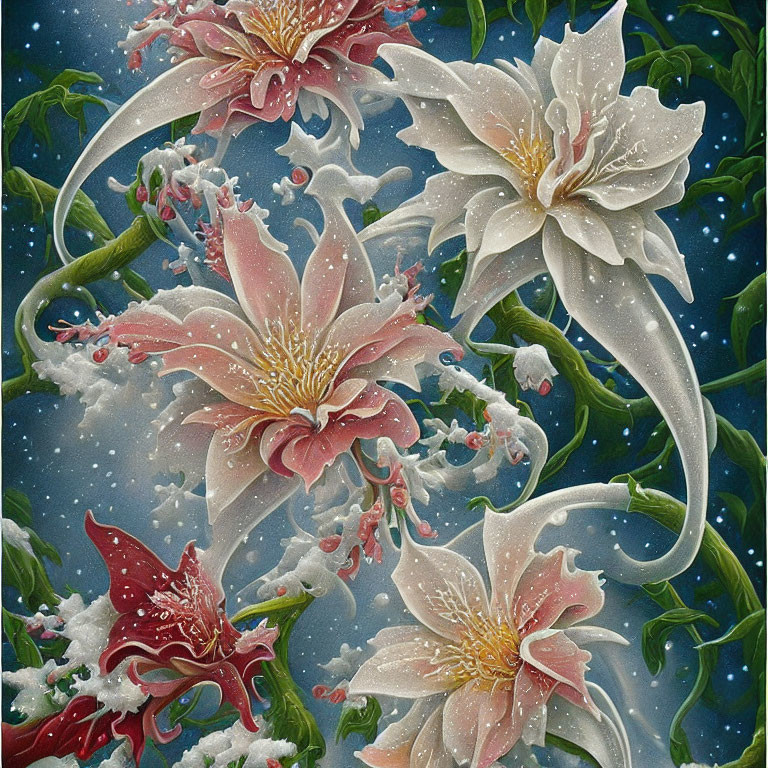 Detailed painting of white and pink lilies with dewdrops, green leaves, red berries, and star