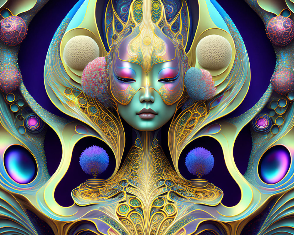 Symmetrically-designed psychedelic face with vibrant colors and abstract patterns