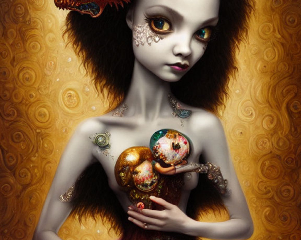 Dark-haired girl with mystical dragons and ornate sphere in fantasy illustration